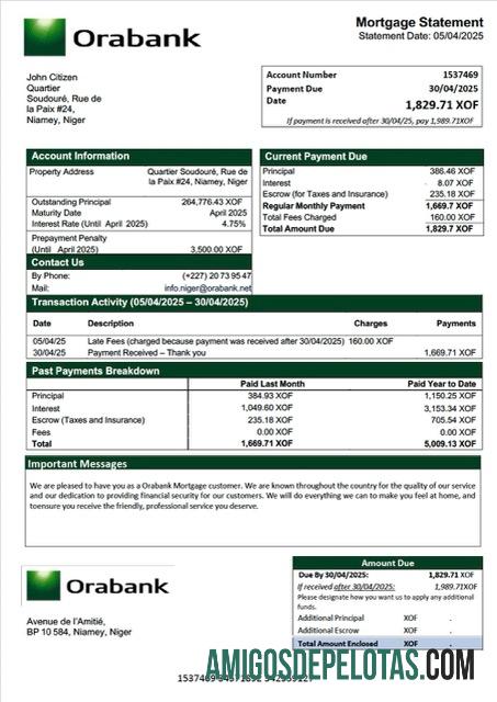 realista Modelo Word e PDF de declaração de hipoteca do Níger Orabank